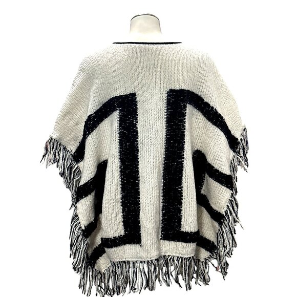 CCC Handcrafted Luxury Black White Poncho Geometric Design Fringe Knit Zip Up OS - Picture 3 of 9